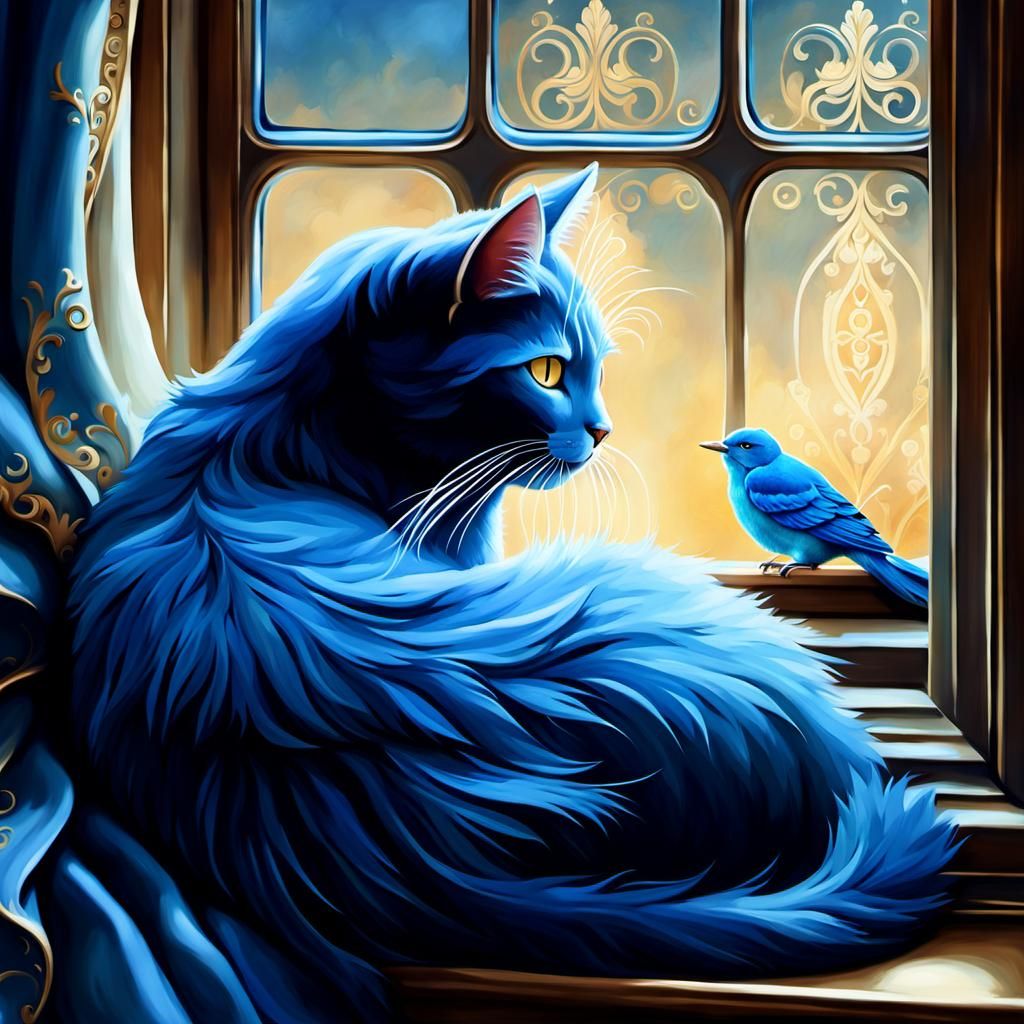 Blue Cat and Bird in Dreamlike Steampunk Style
