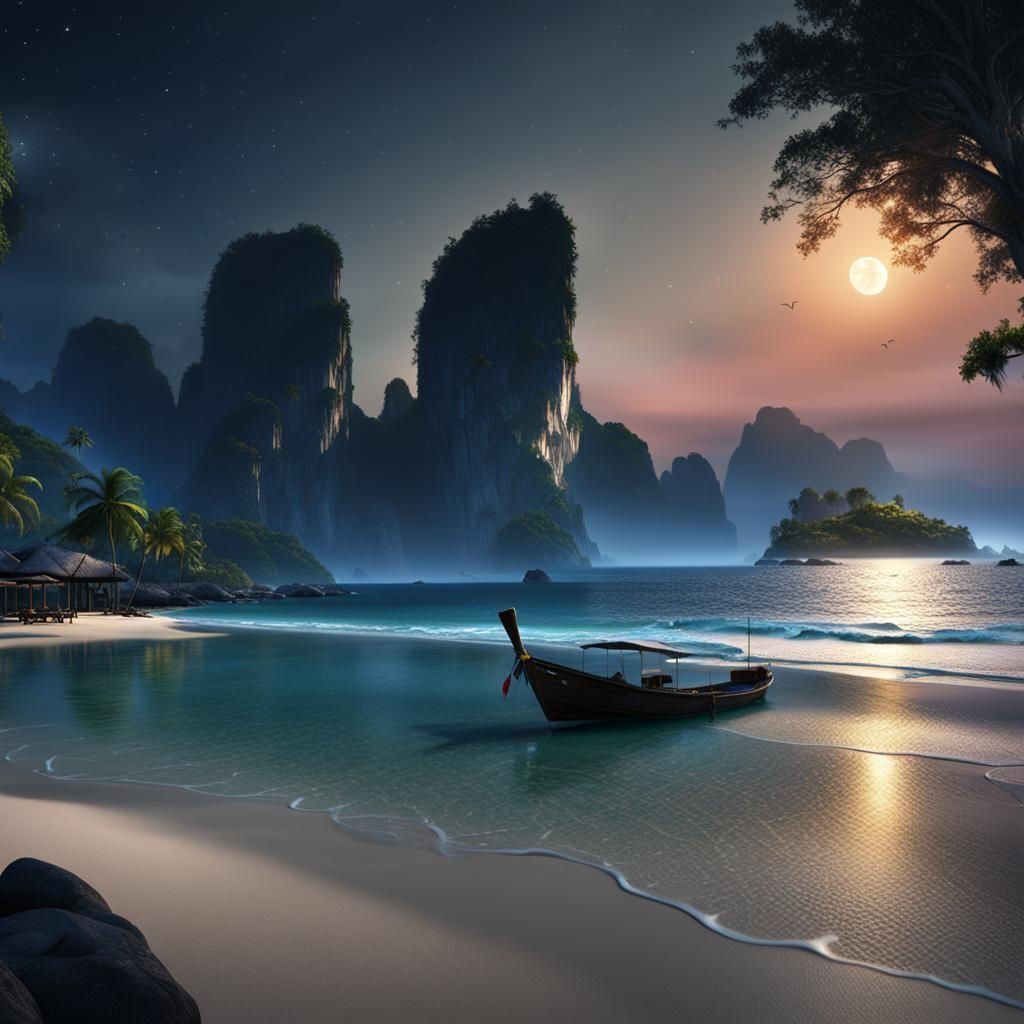 Moonlit Thai Beach: Hyperdetailed Photorealistic Art