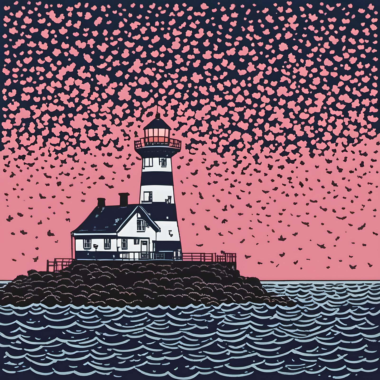 Lighthouse Linocut Print on the Rugged Coast