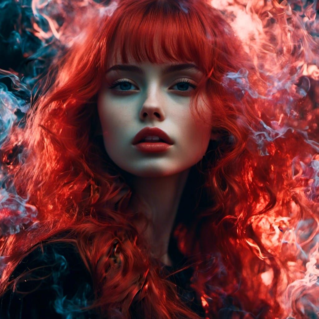 Glitch Art: Red-Haired Woman in Black Dress