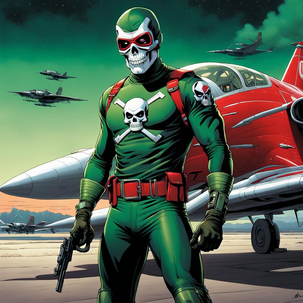 Green Spandex Superhero on Airfield, Comic Book Art