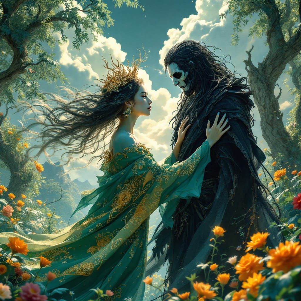 Ethereal Goddess of Life Longs for God of Death in Vibrant,...