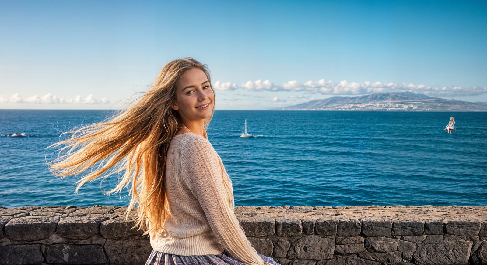 Blond Woman Overlooking Tenerife Sea in Sunlight
