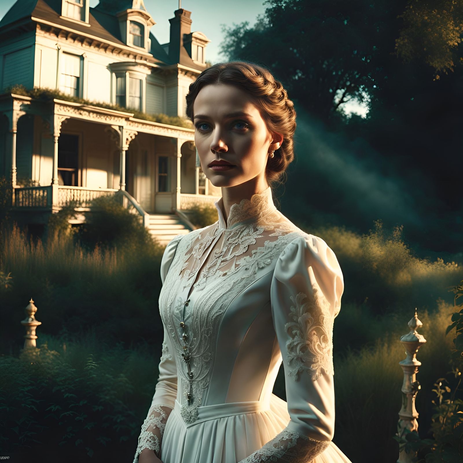 Victorian Woman in White Dress: Southern Gothic Art