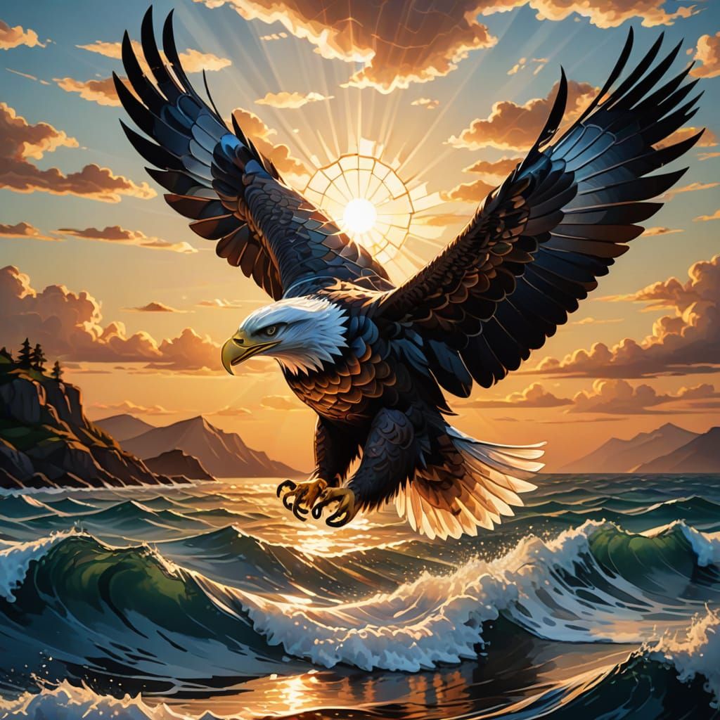 Stained Glass Eagle Flying Over Ocean