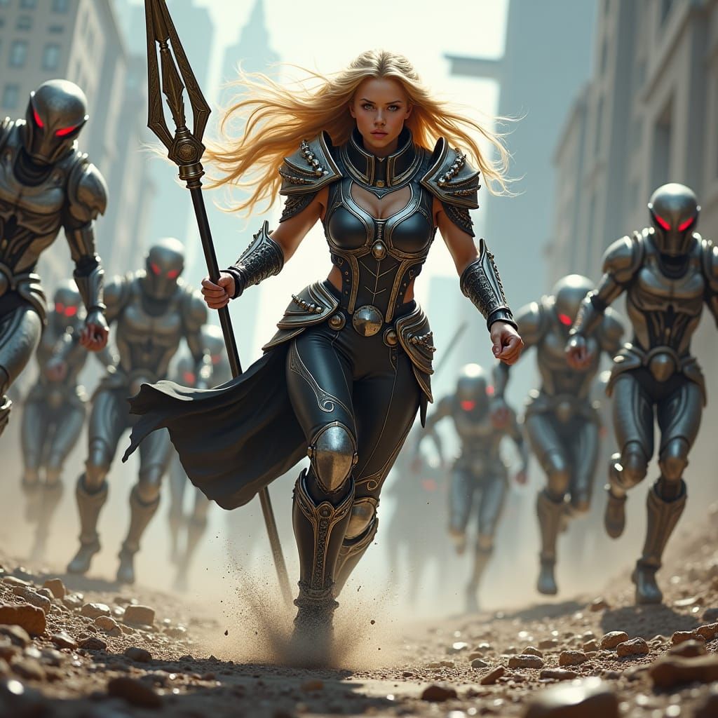 Futuristic Valkyrie Battles Mechanical Foes in Dystopian Cit...