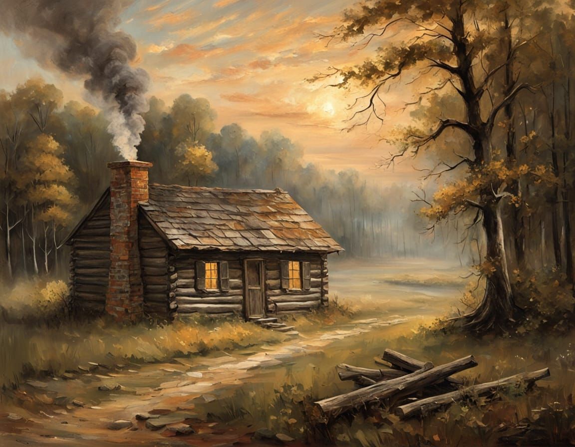 Secluded Cabin in Forest: Expressive Oil Painting