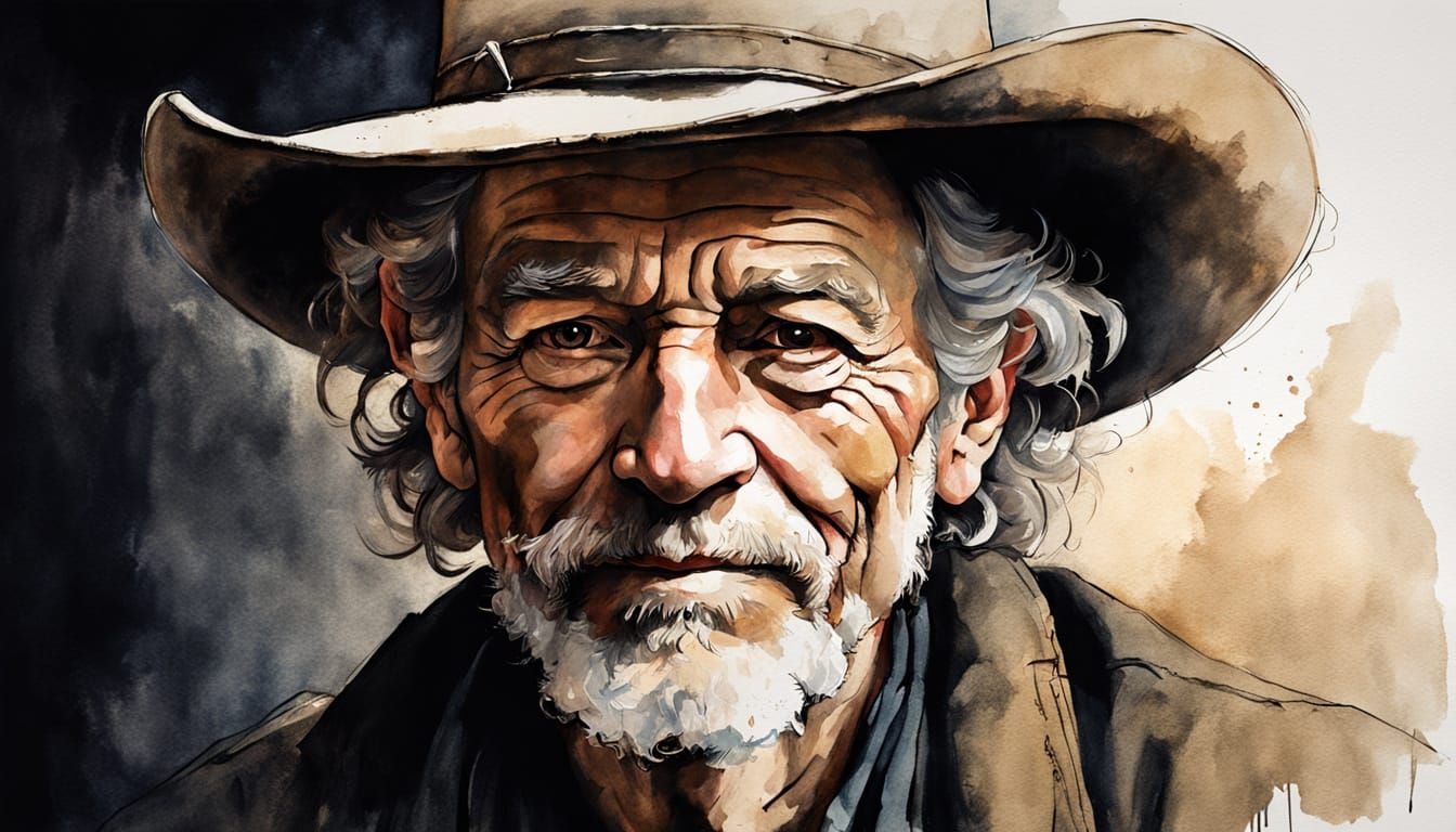 Old West Cowboy Smiles in Rembrandt-Style Sketch