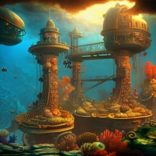 Steampunk City Underwater with Coral Reefs