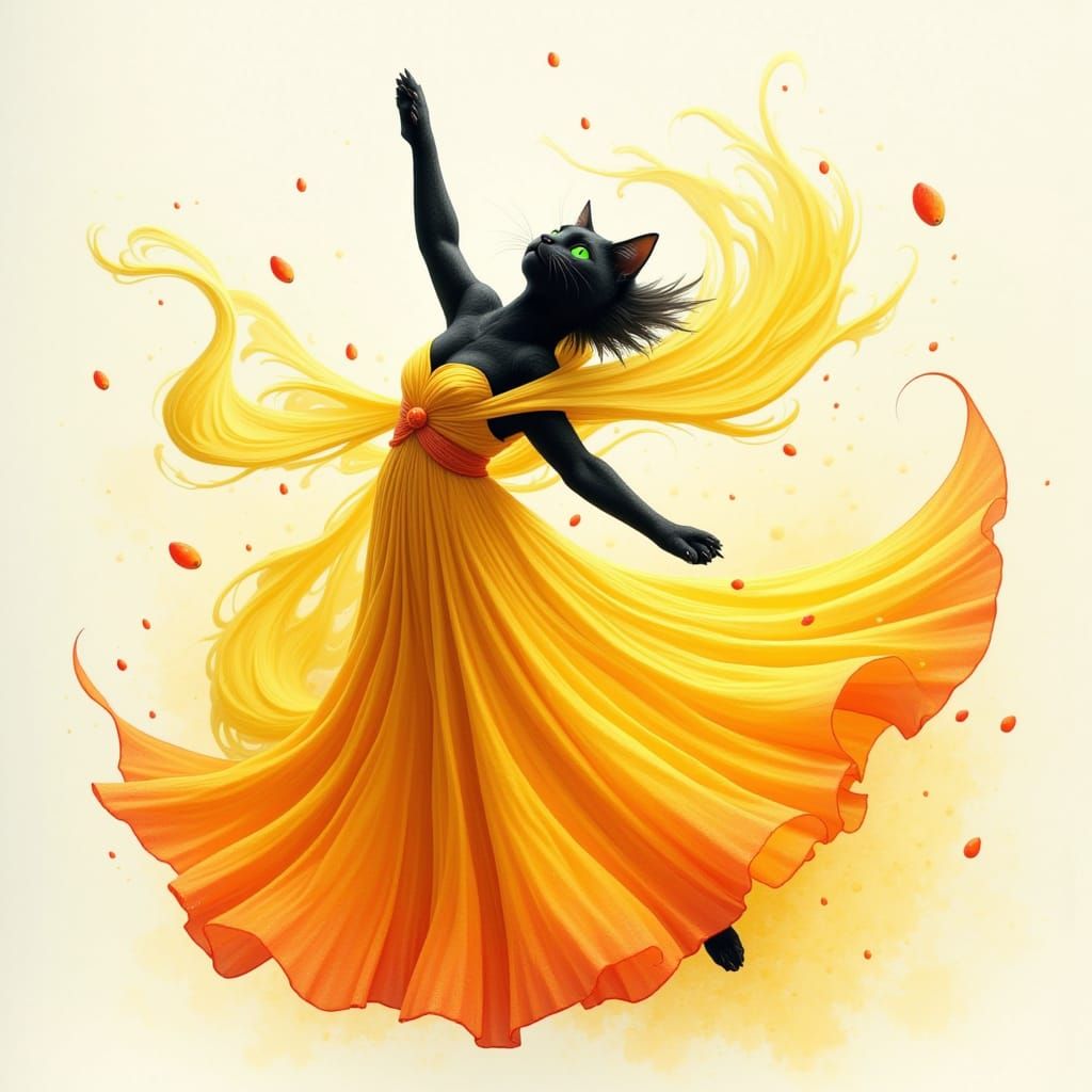 Sculpted Cat Portrait in Flowing Chiffon Dress