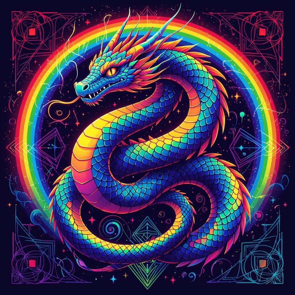 Rainbow Cosmic Dragon with Geometric Patterns