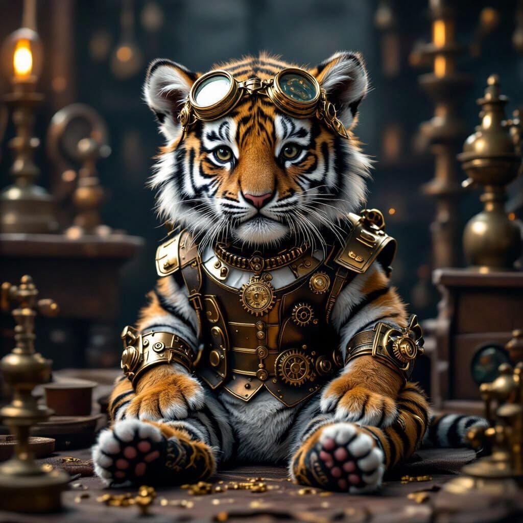 Steampunk Baby Tiger in Victorian Workshop