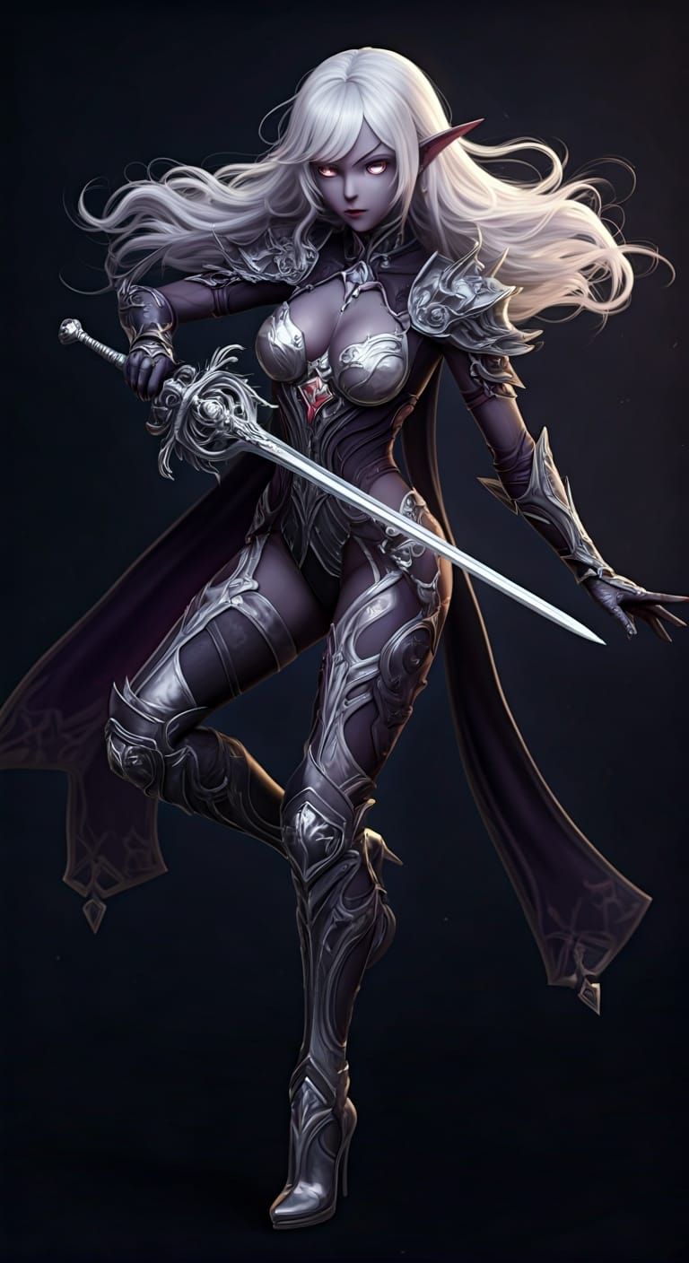 Dynamic Dark Elf Duelist in Anime Style