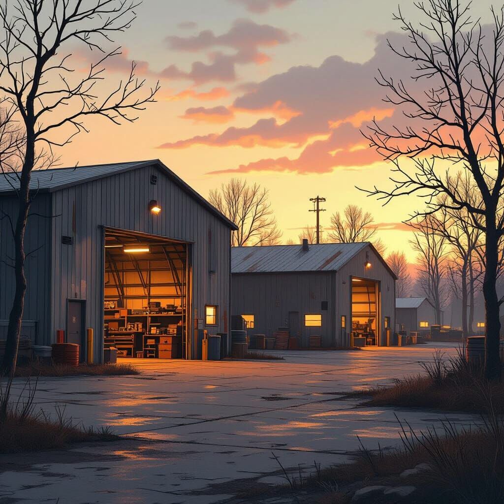 Dystopian Industrial Park in Golden Light