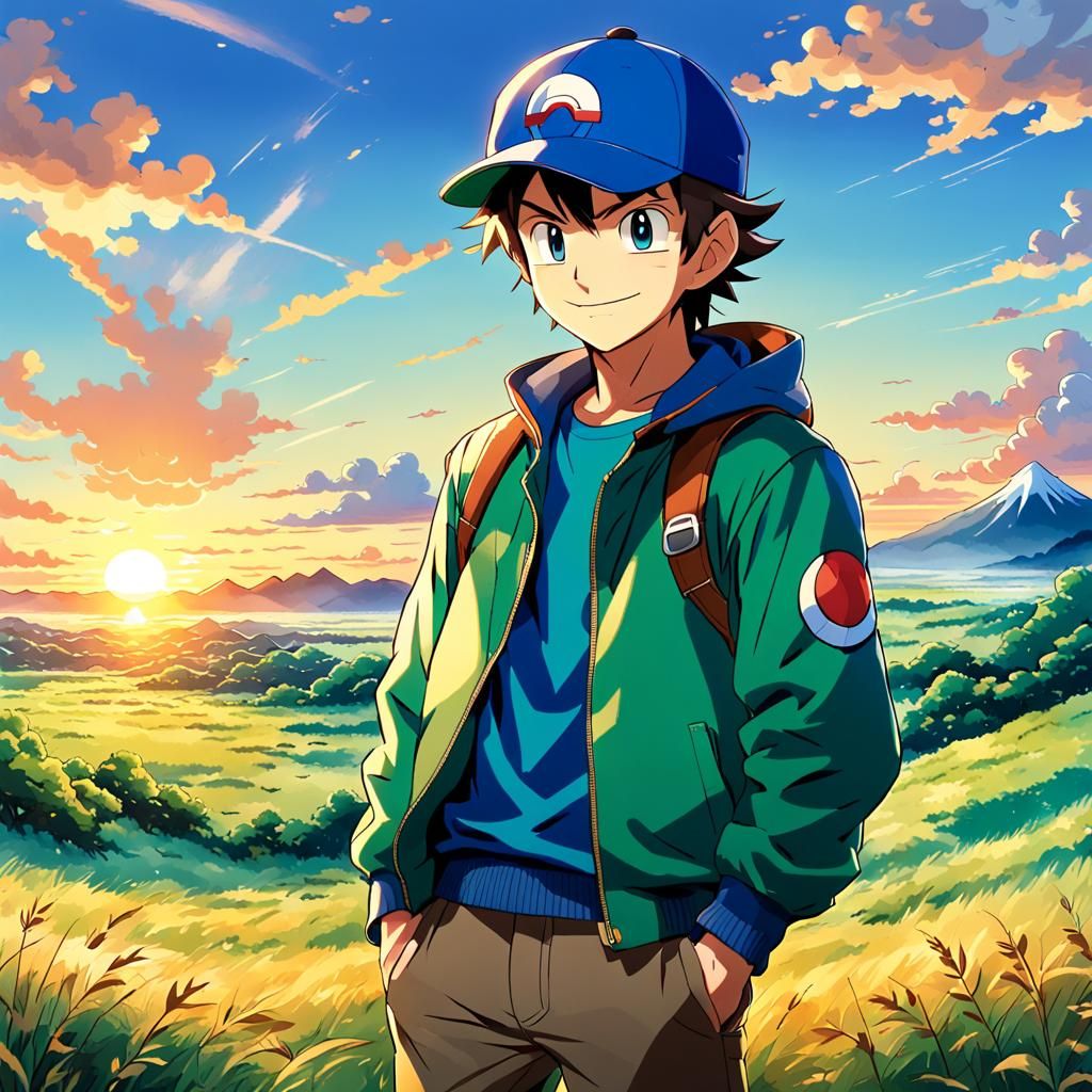Anime-Style Pokémon Trainer Watching Sunset