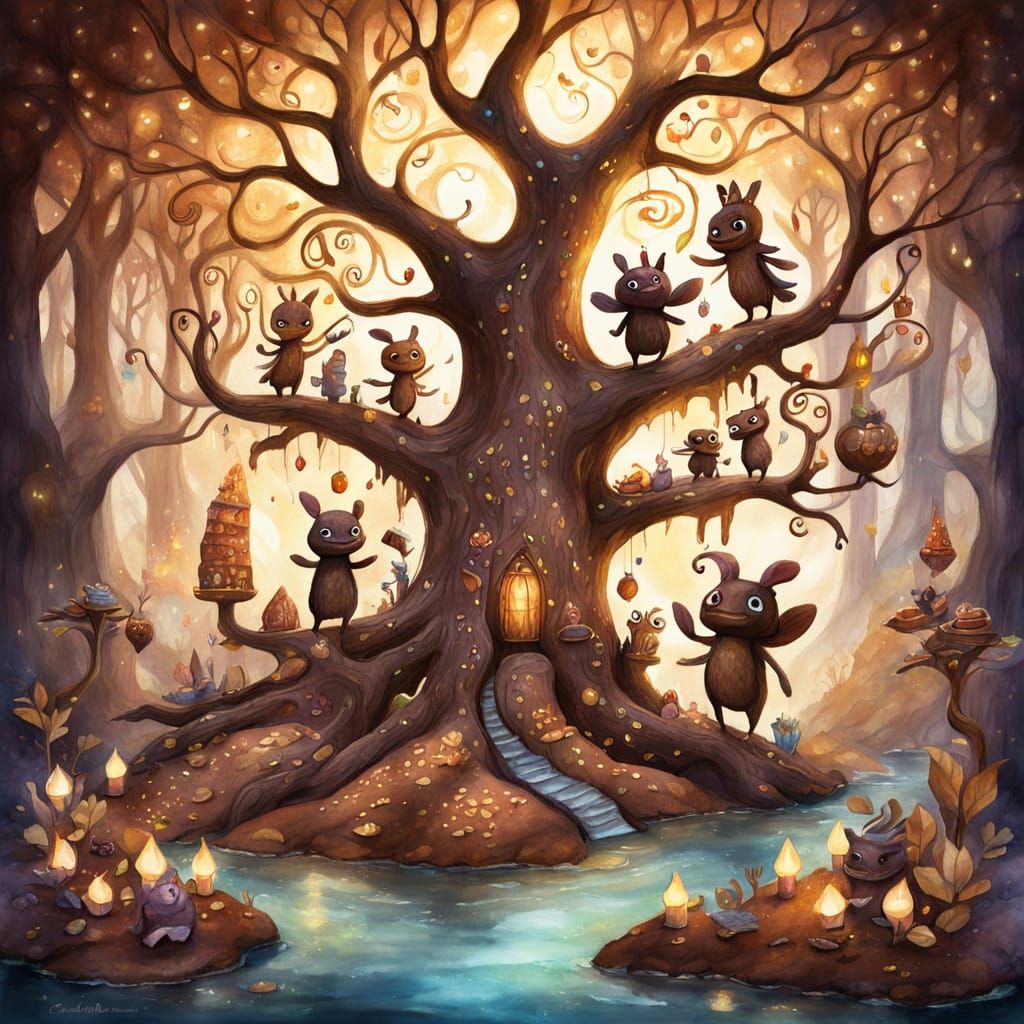 Whimsical Chocolate Family in Fantasy Watercolor Art