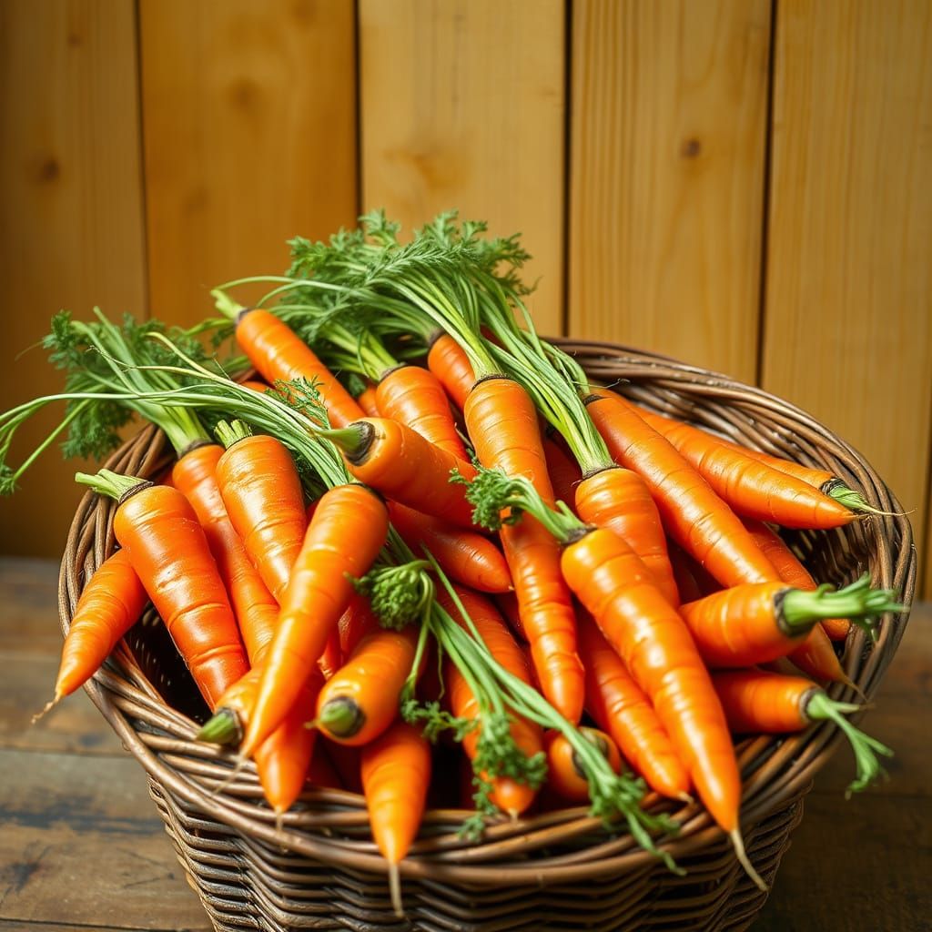 Vibrant Carrots in Rustic Wicker Basket, Impressionist Style