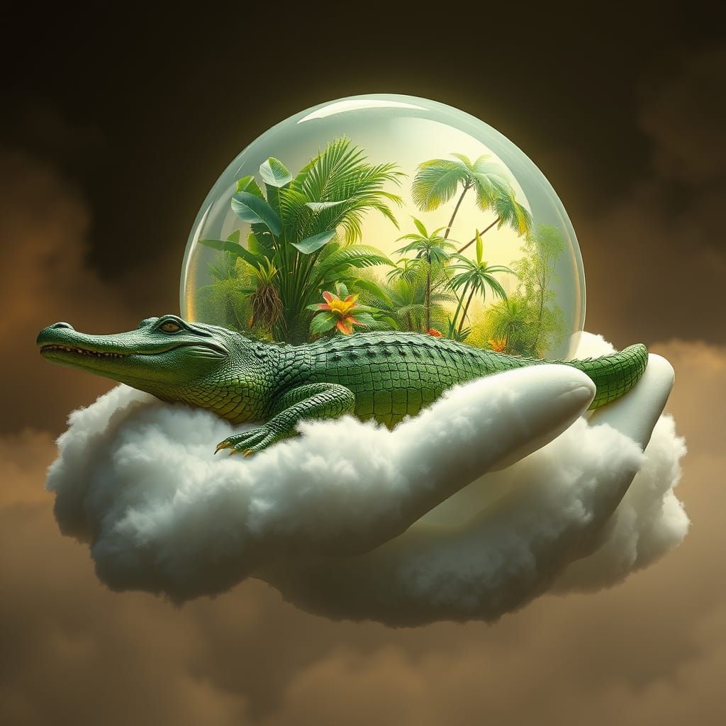 Gigantic Green Crocodile Basks in Serene Cloud Oasis