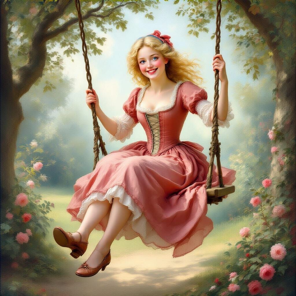 Rococo Lady on Swing in Romantic Garden