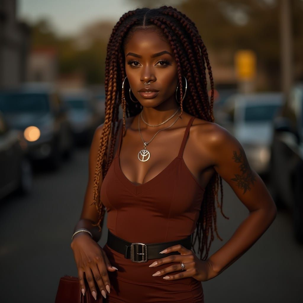 Urban Elegance: Sultry Woman in Moody Fall Lighting