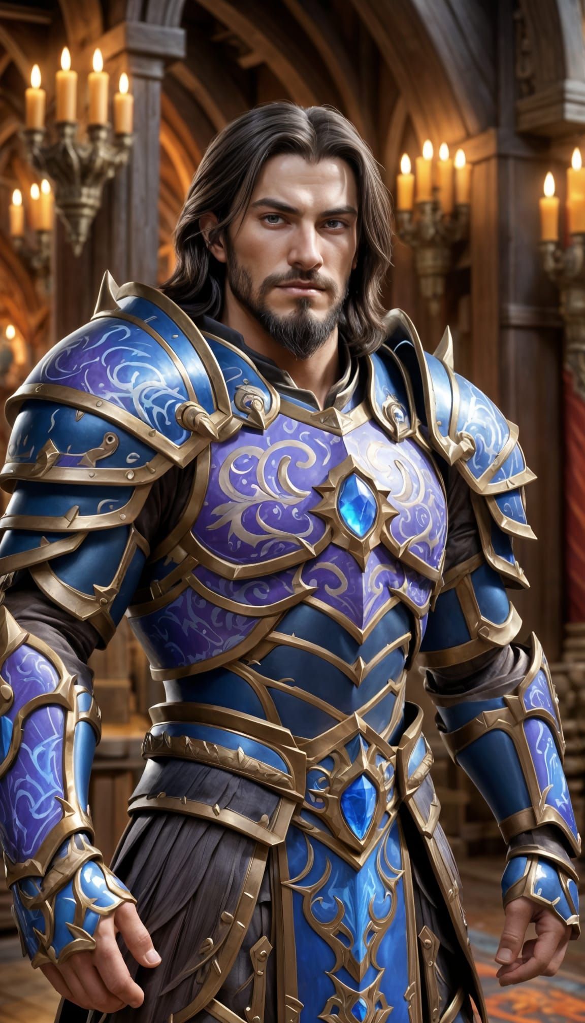 Hyperrealistic Armored Man in Warcraft Style Throne Room