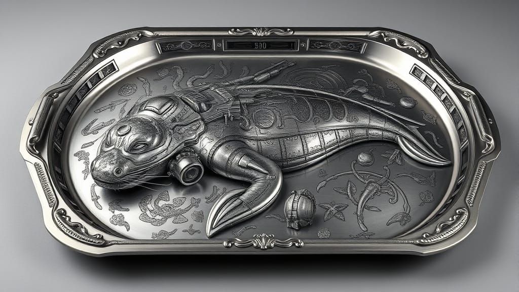 Ornate Stainless Steel Seal Tray in Biomechanical Style