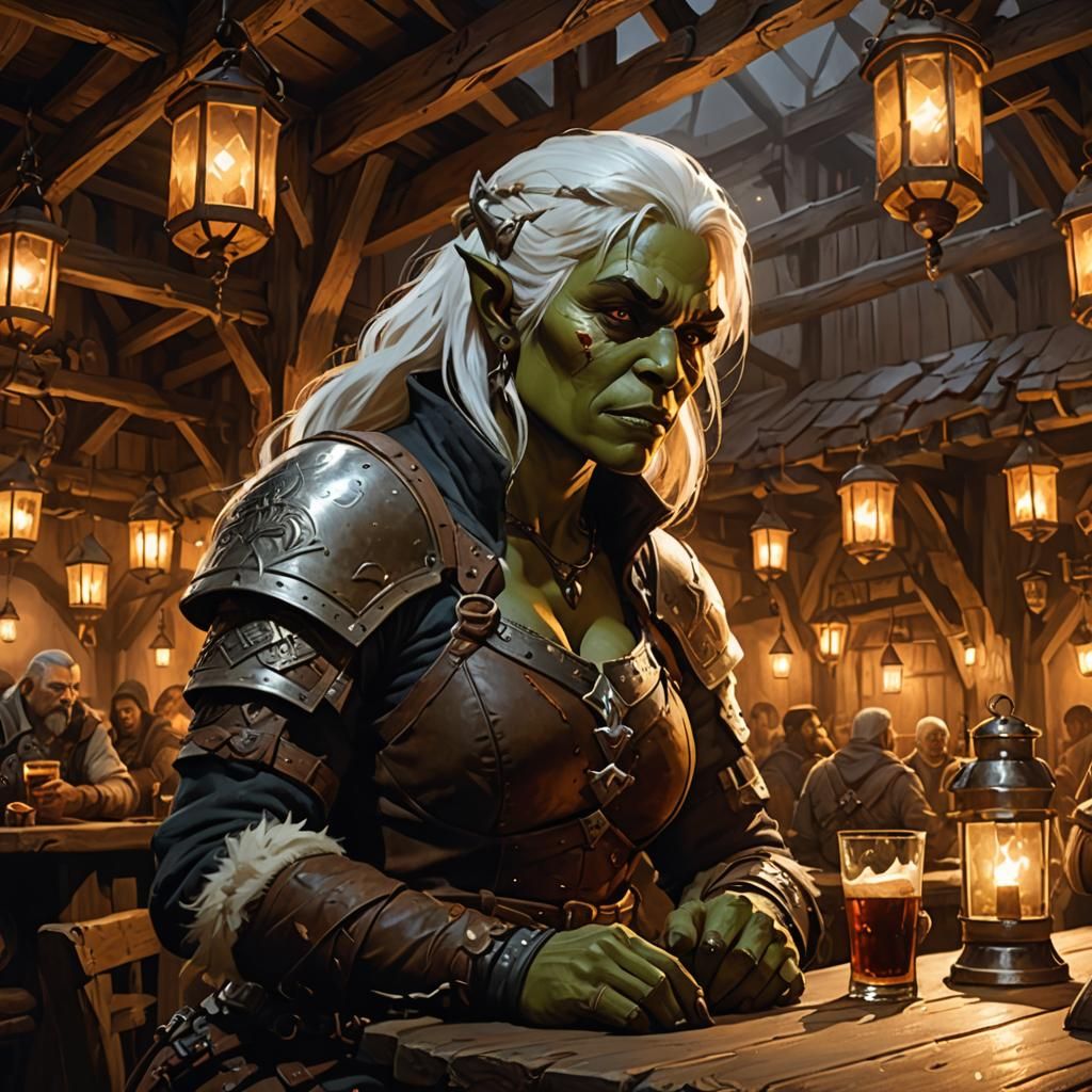 Orc Woman in Tavern: Fantasy Art Illustration