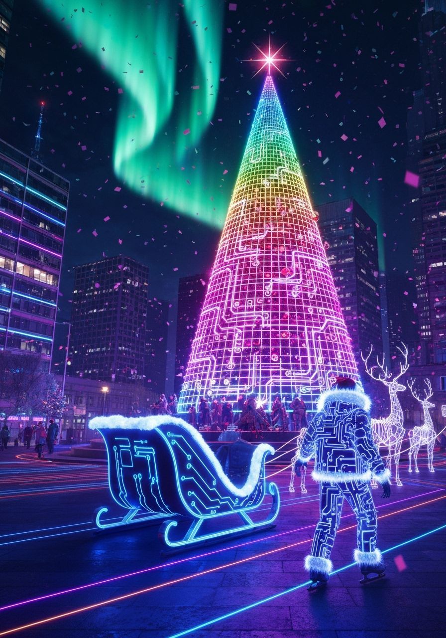 Futuristic Neon Christmas Metropolis with Sleigh