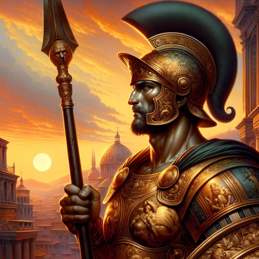 Roman God Mars in Bronze Armor at Sunset