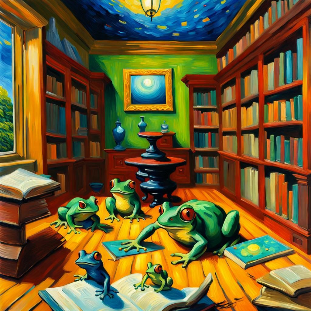 Surreal Frogs in Library, Expressionist Impasto Painting