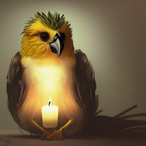 fluffy super cute caique relaxing in bath, bubbles, candles, cosy, headphones, huge beautiful eyes, at a spa