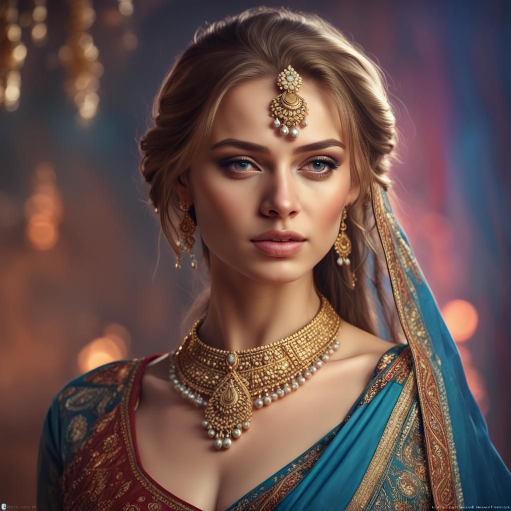 Russian Girl in Saree: Hyperrealistic Splash Art Portrait