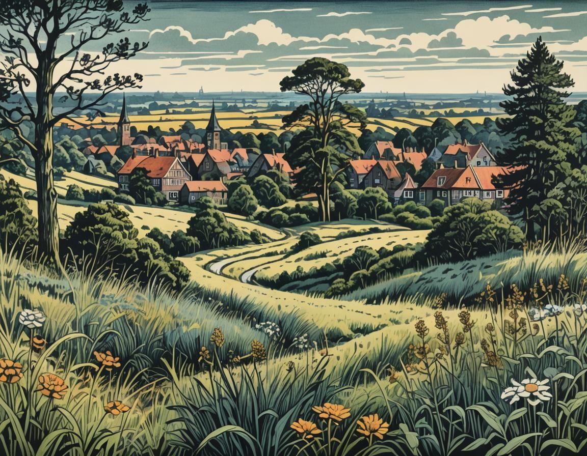 Lüneburg Heath Village Landscape in Handcoloured Linoprint S...
