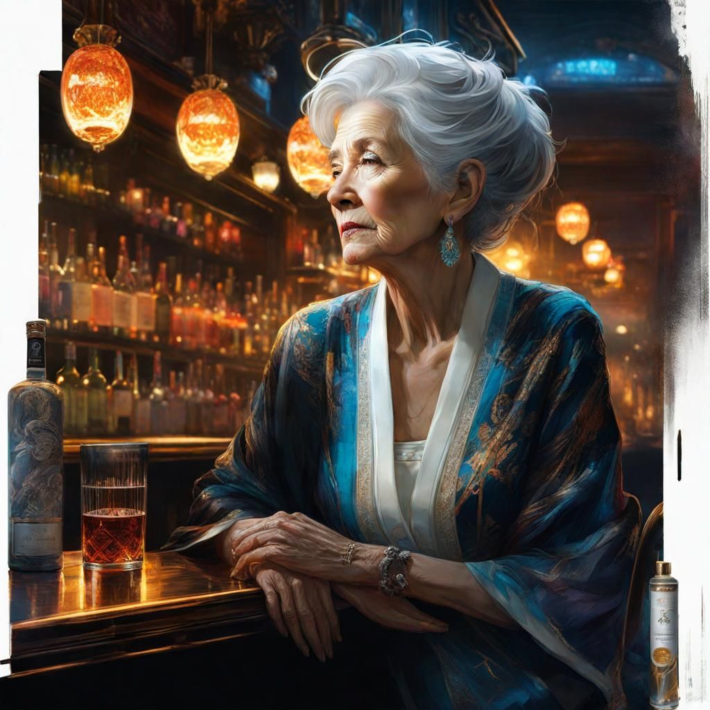 Elegant Woman in Neon Bar, Digital Art