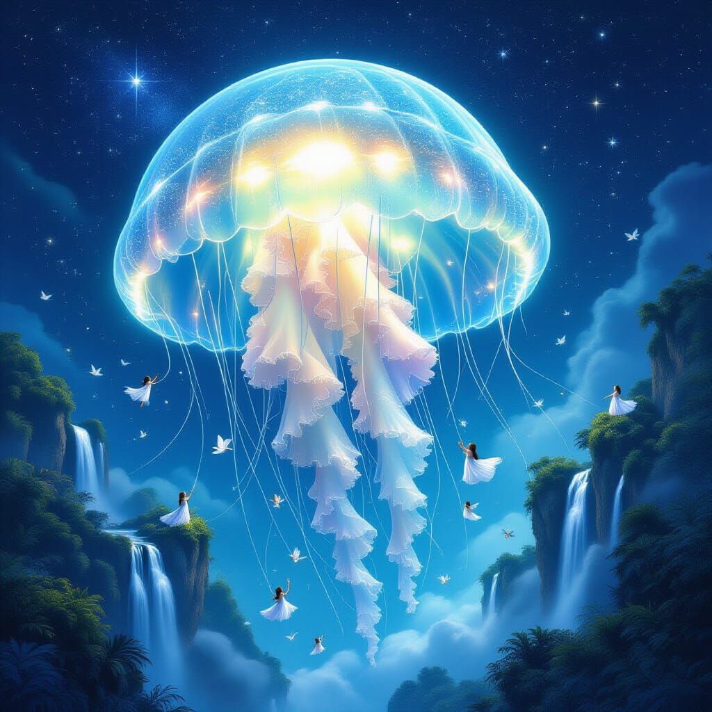 Bioluminescent Jellyfish with Floating Islands, Hyperrealist...
