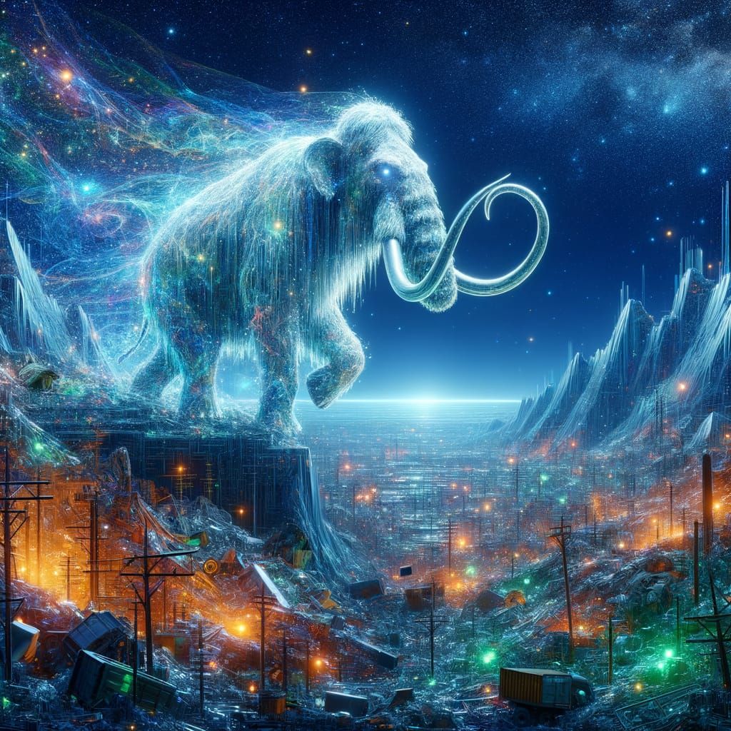 Holographic Mammoth Charges Across Tech Wasteland