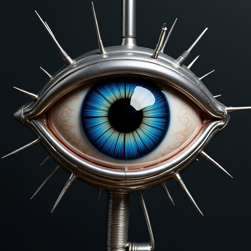 Macro photography. A big eye set inside the eye of a sewing needle.