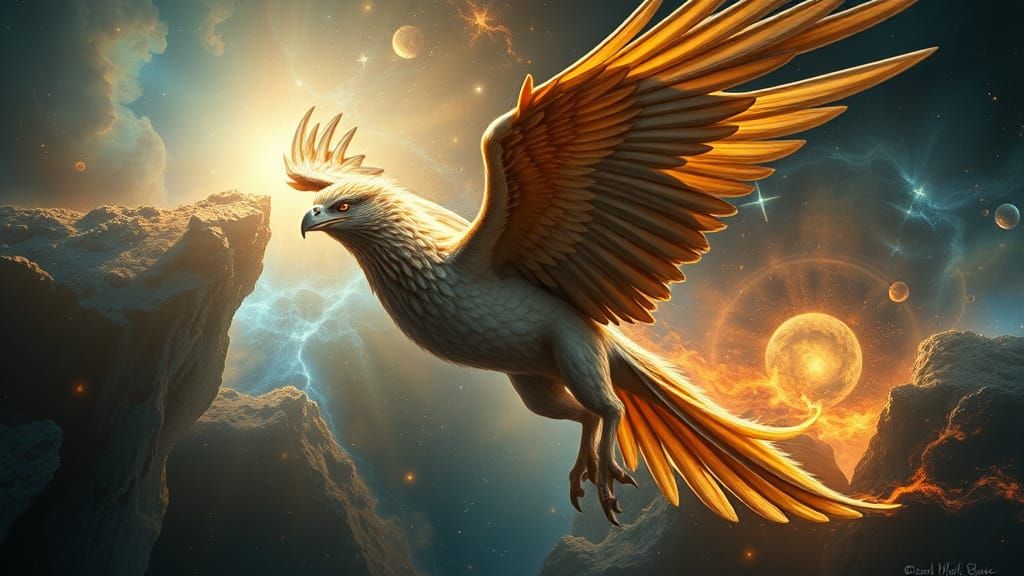 Ethereal Griffin Soars Through Celestial Nebula