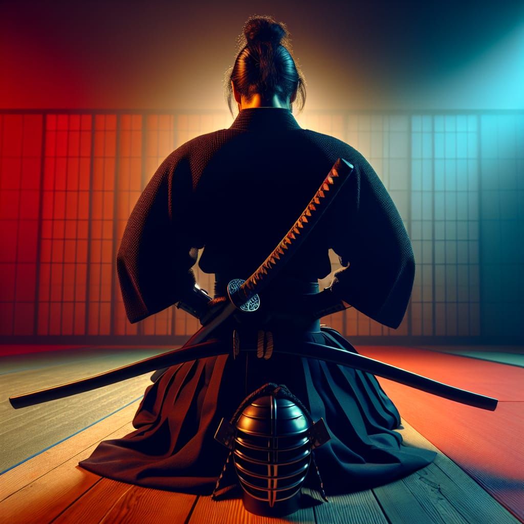 Samurai Kneeling in Dojo with Katana