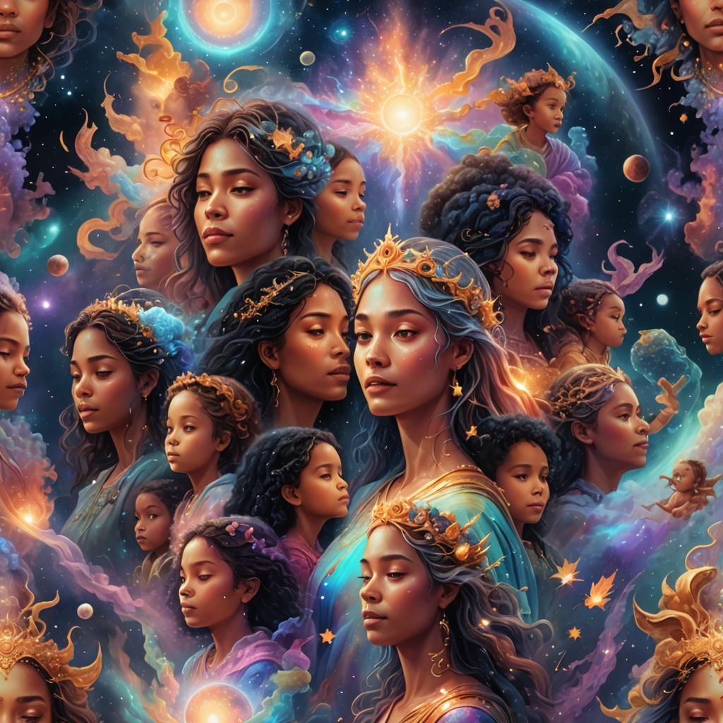 Diverse Motherhood: Holographic Cosmic Astral Illustration