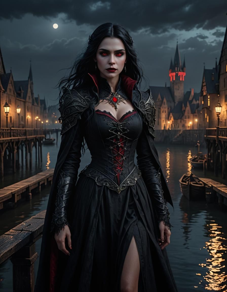 Gothic Vampire on Medieval Pier in Hyperrealism
