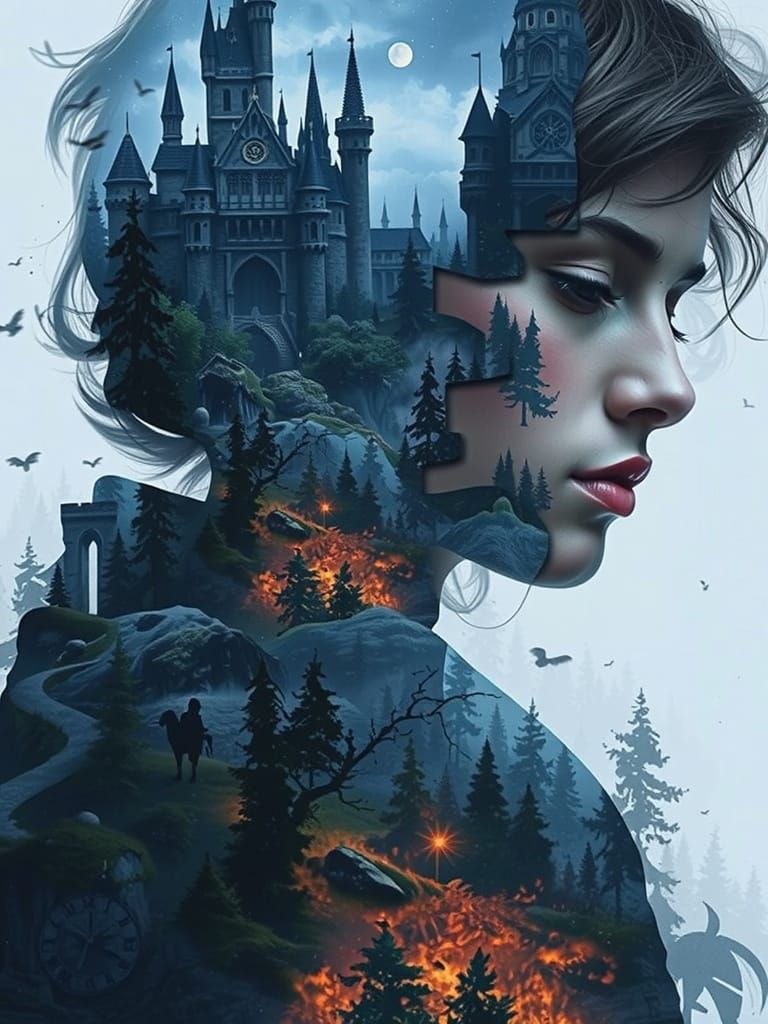Double exposure of a silhouette of a woman filled with a castle and a forest