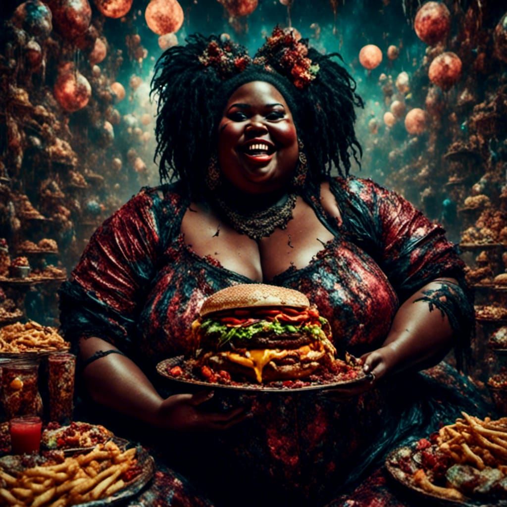 Curvy Girl's Fast Food Feast in Biopunk Style