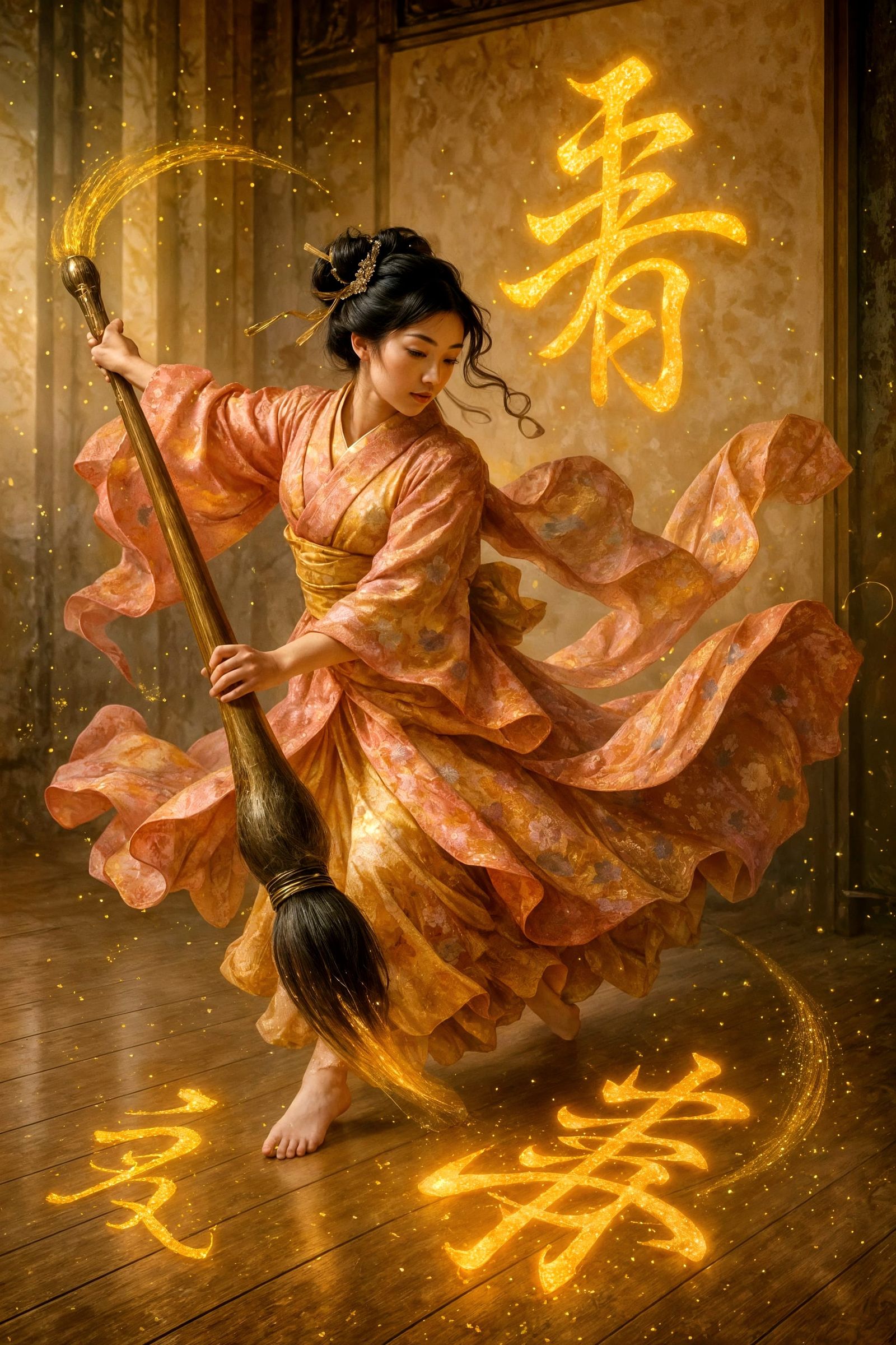 Japanese Princess Dancing with Calligraphy Brush