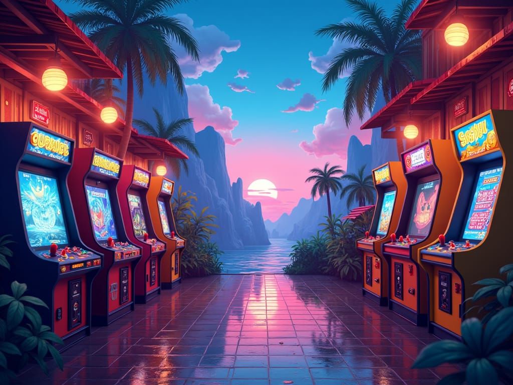 Vibrant Pixel Art Arcade Scene Banner