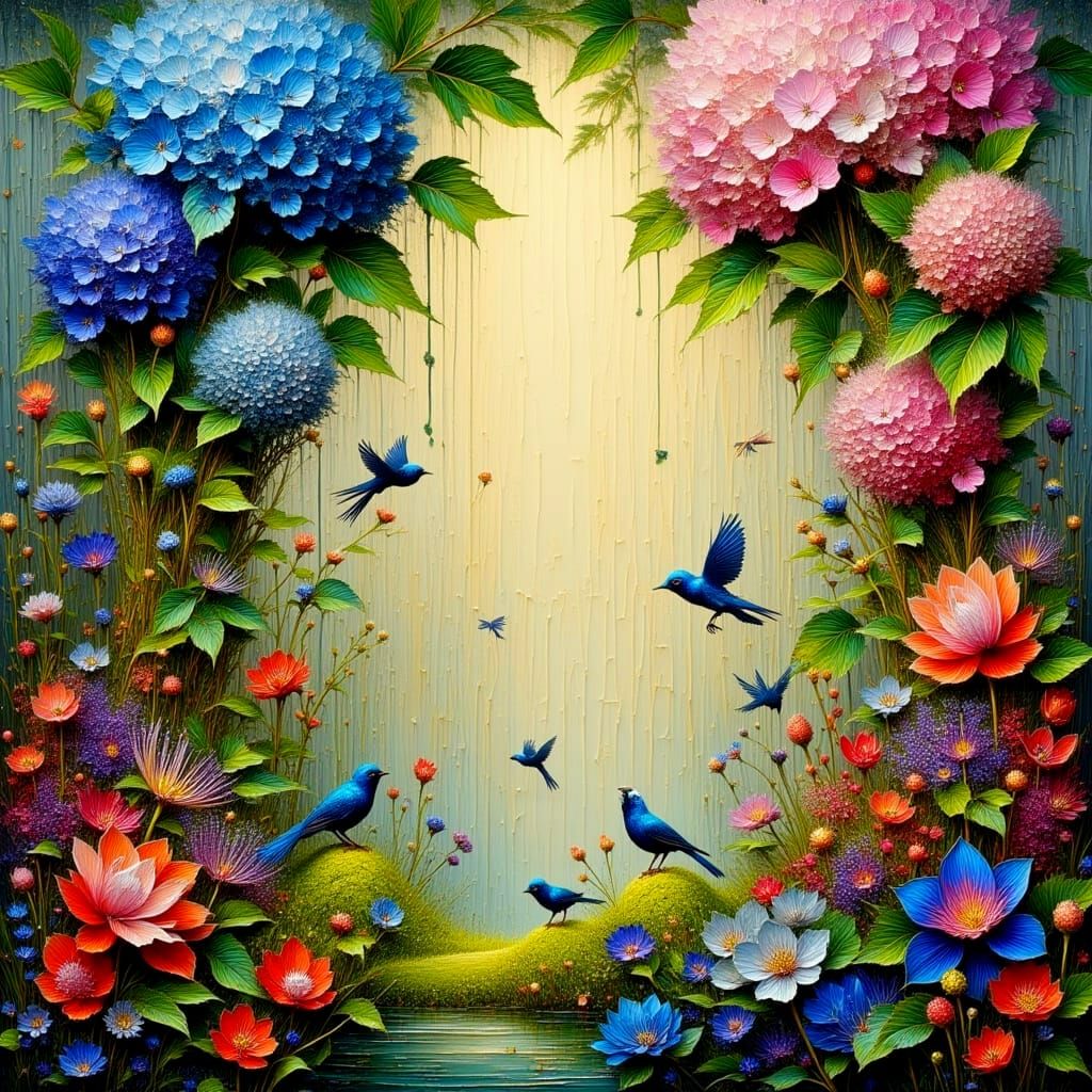 Vibrant Floral Scene with Fairy Wrens in Oil Painting Style