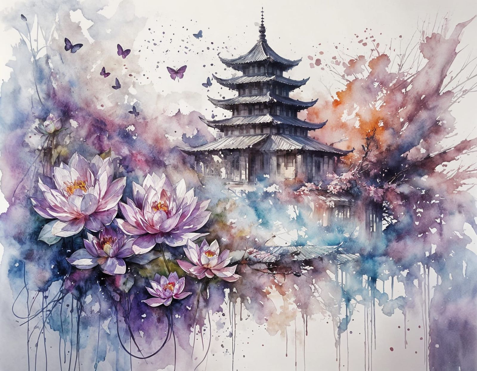 Watercolor Pagoda With Butterflies and Lotus Blooms