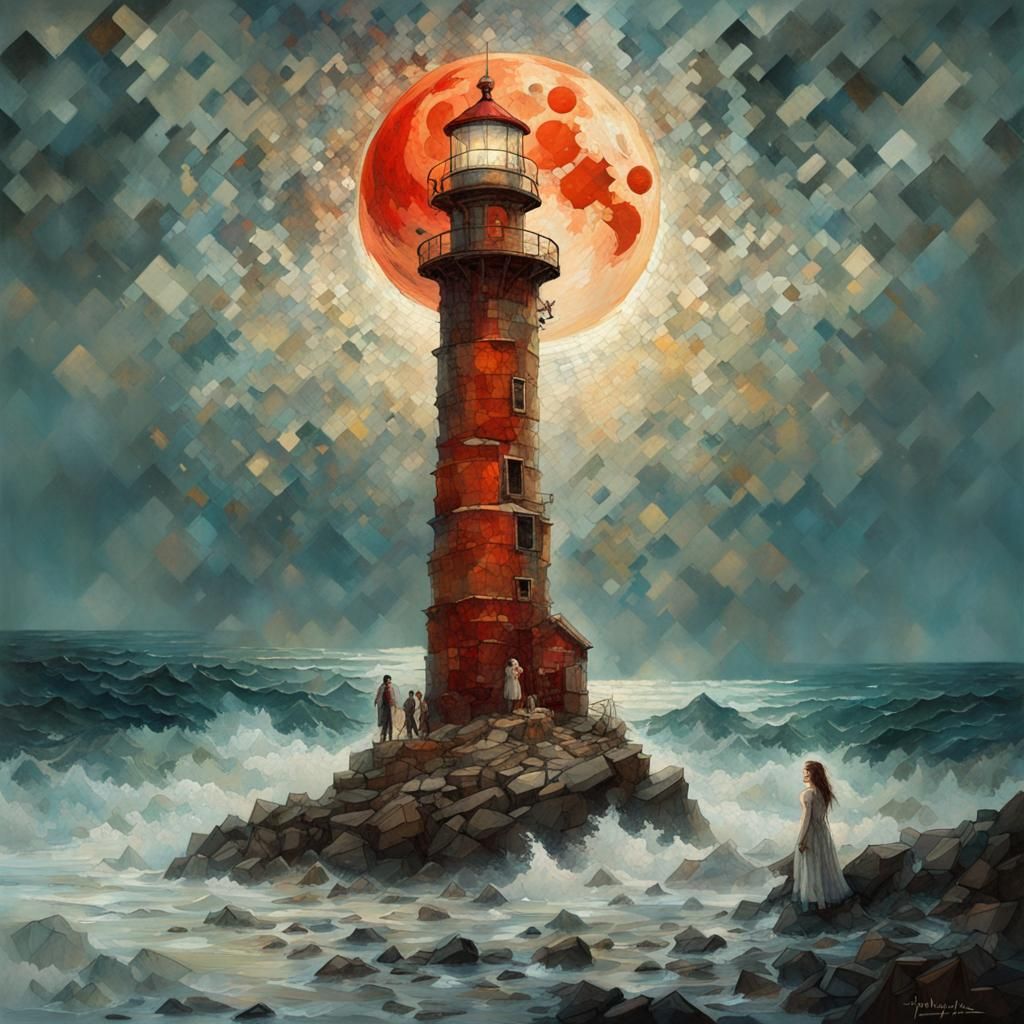 Chaotic Mosaic Lighthouse Seascape in Digital Pointillism