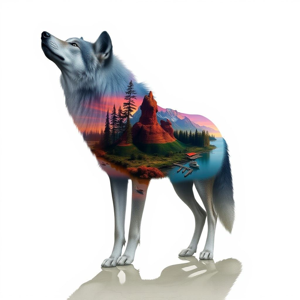 Wolf with Surreal Landscape Interior as Digital Art