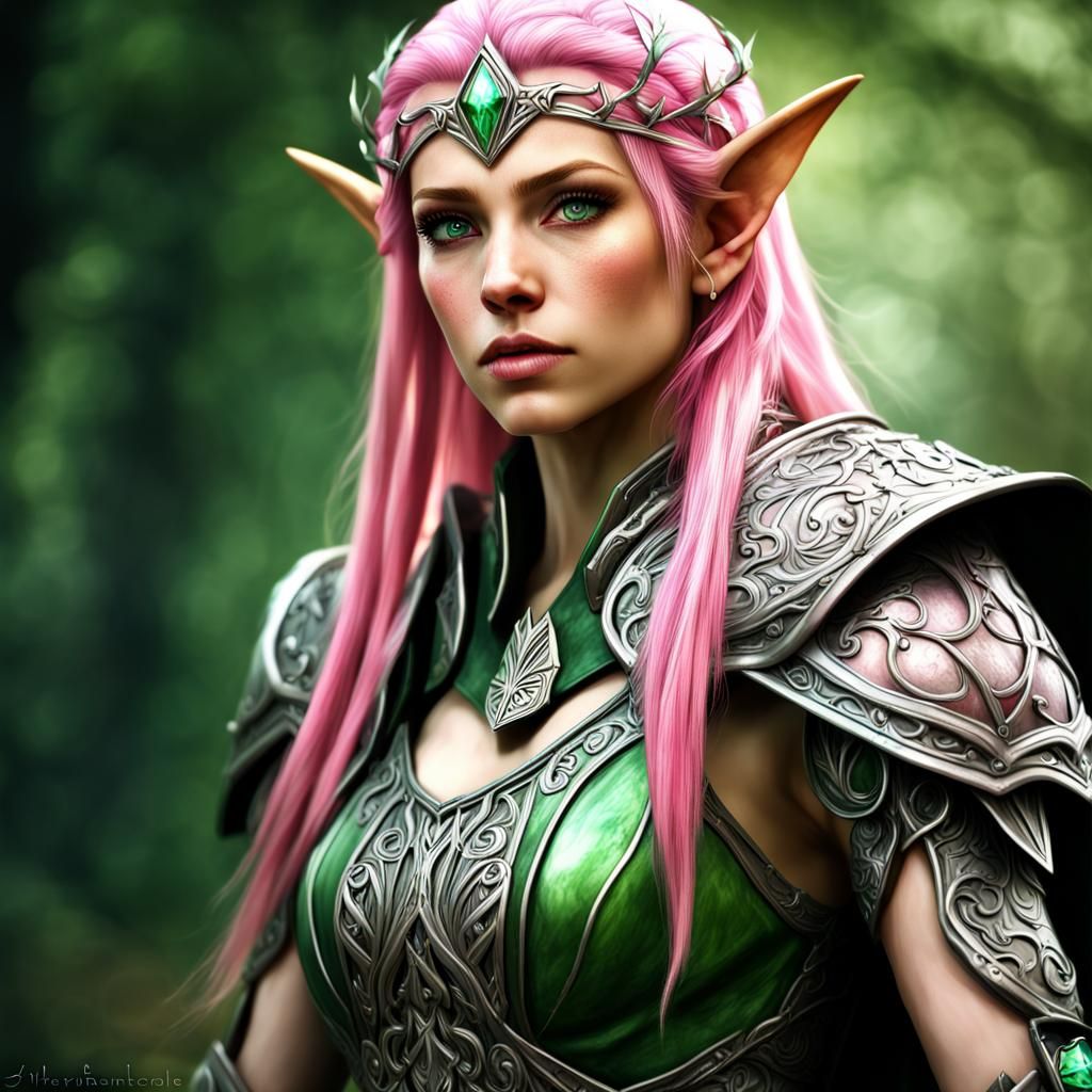 High Elf with Pink Hair and Green Magic